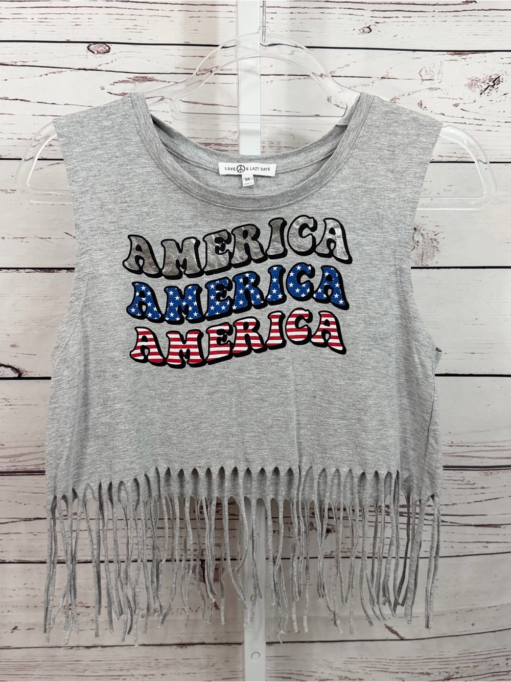 Love & Lazy Days Gray 'America' Fringe Tank Top Size Medium